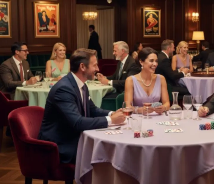 Kameralny wieczór tematyczny w restauracji Kragostrelia z elegancko nakrytymi stołami i stołami do gier rekreacyjnych
