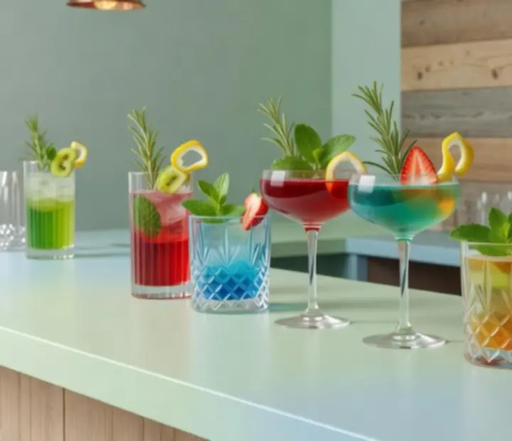 Trzy kolorowe koktajle podane na barze