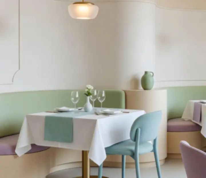 Kameralne, nowoczesne wnętrze restauracji Kragostrelia w jasnej, pastelowej kolorystyce
