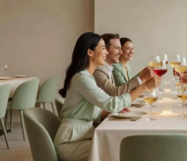 Grupa gości wznosząca toast podczas uroczystej kolacji w restauracji Kragostrelia