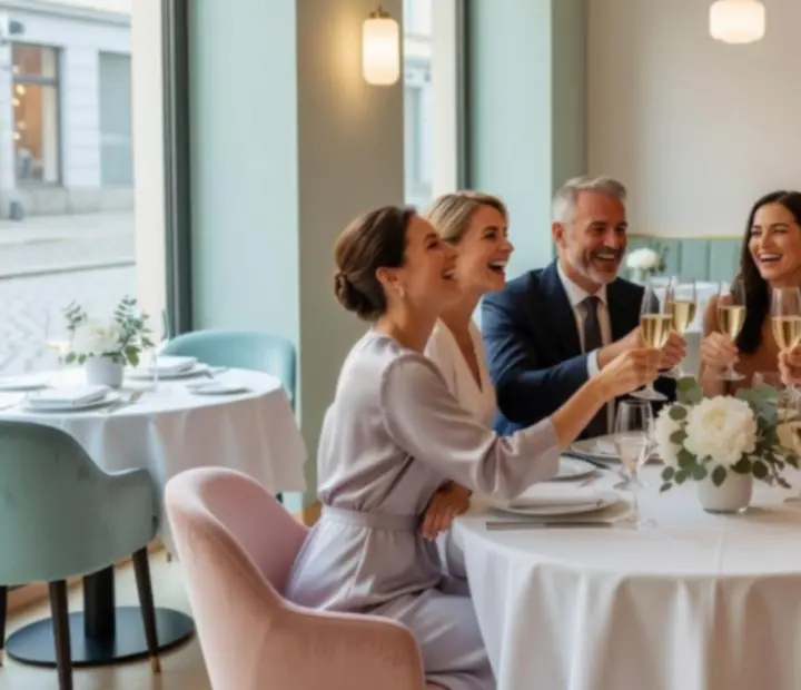 Grupa zadowolonych gości świętujących kolację w restauracji Kragostrelia
