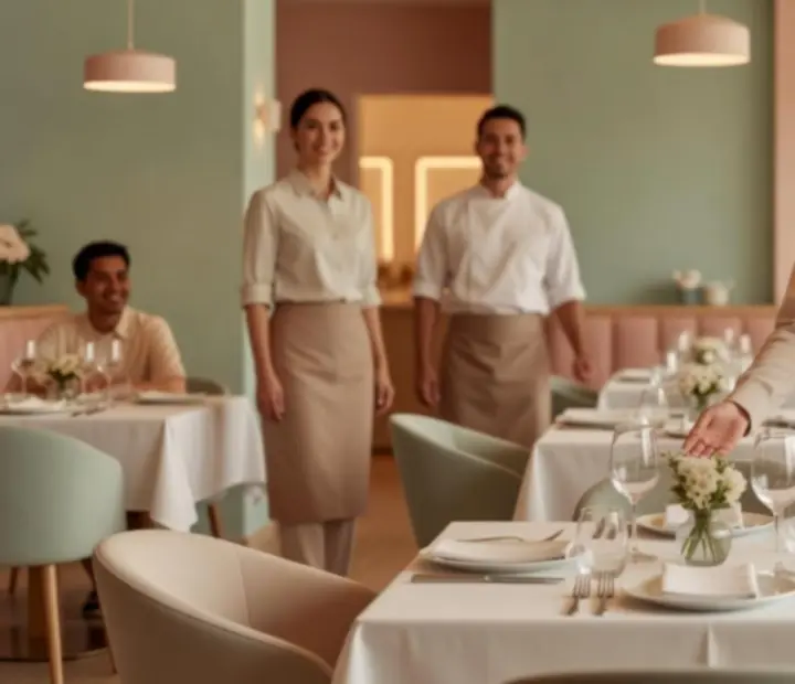 Zespół profesjonalnej obsługi restauracji Kragostrelia witający gości