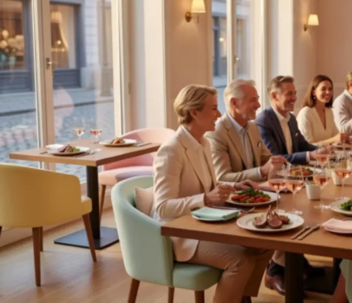 Eleganckie wnętrze restauracji Kragostrelia podczas wspólnej kolacji