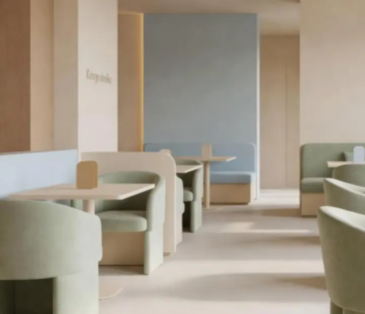 Jasne, eleganckie wnętrze restauracji Kragostrelia z pastelowymi akcentami